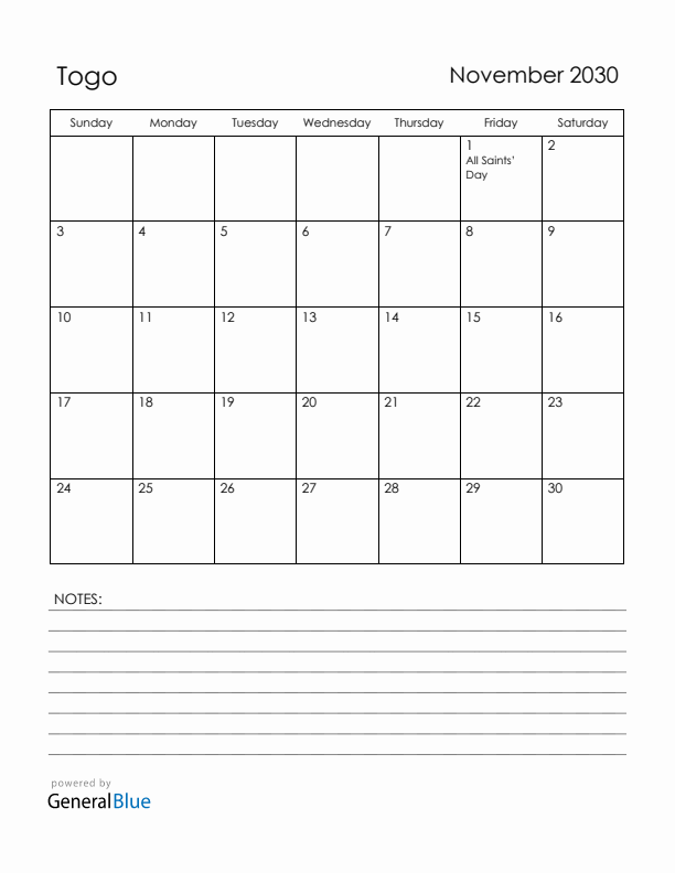 November 2030 Togo Calendar with Holidays (Sunday Start)