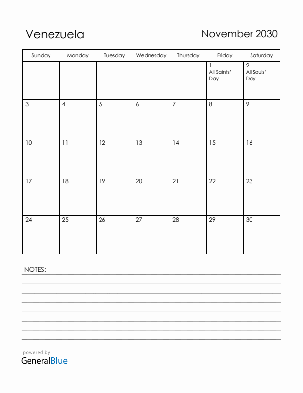 November 2030 Venezuela Calendar with Holidays (Sunday Start)