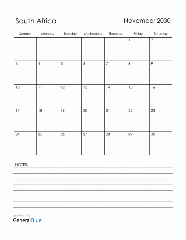November 2030 South Africa Calendar with Holidays (Sunday Start)