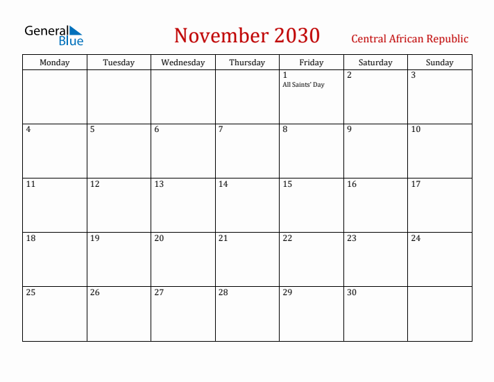 Central African Republic November 2030 Calendar - Monday Start