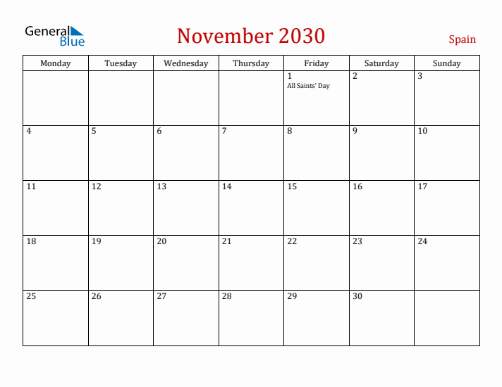 Spain November 2030 Calendar - Monday Start