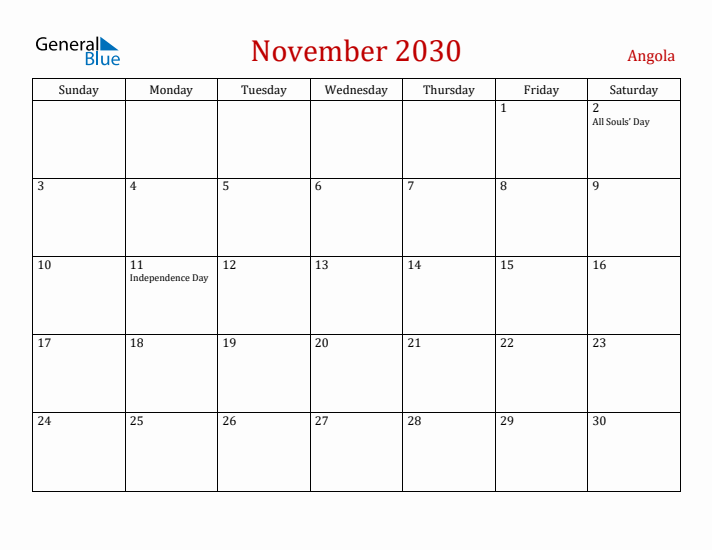 Angola November 2030 Calendar - Sunday Start