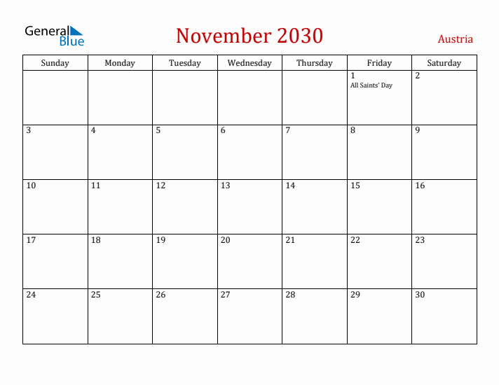 Austria November 2030 Calendar - Sunday Start