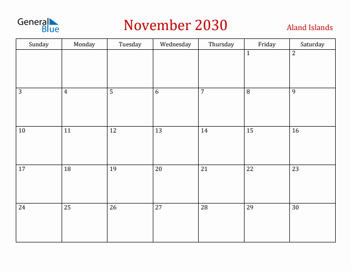 Aland Islands November 2030 Calendar - Sunday Start