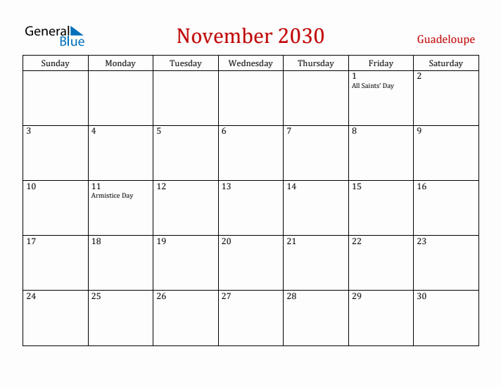 Guadeloupe November 2030 Calendar - Sunday Start