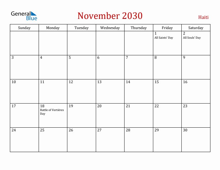 Haiti November 2030 Calendar - Sunday Start