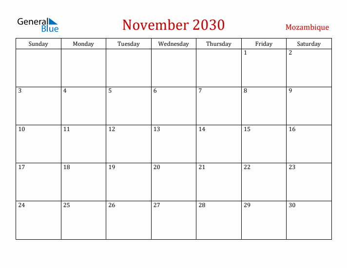 Mozambique November 2030 Calendar - Sunday Start