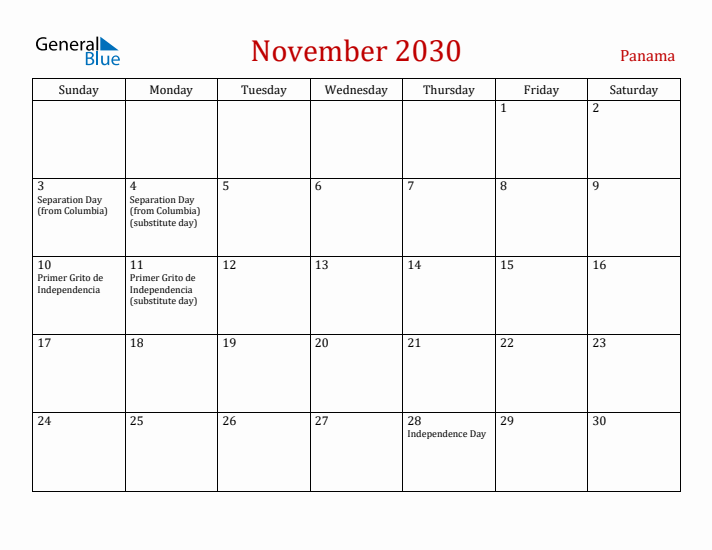 Panama November 2030 Calendar - Sunday Start