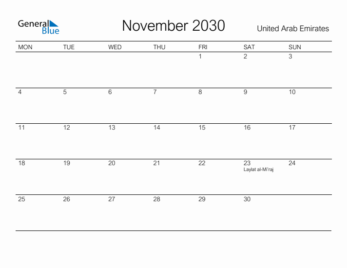 Printable November 2030 Calendar for United Arab Emirates