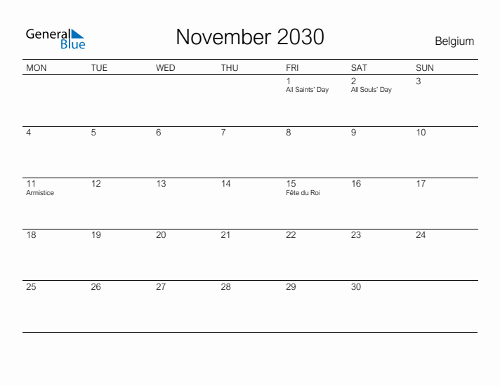 Printable November 2030 Calendar for Belgium