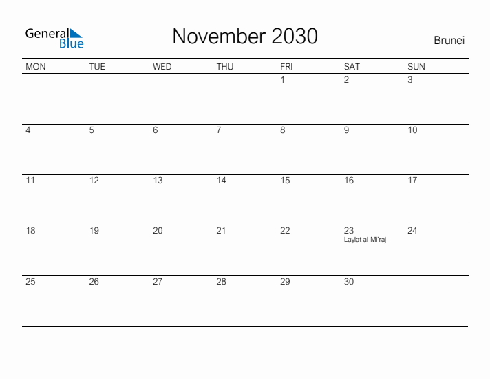 Printable November 2030 Calendar for Brunei