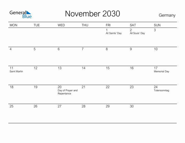 Printable November 2030 Calendar for Germany