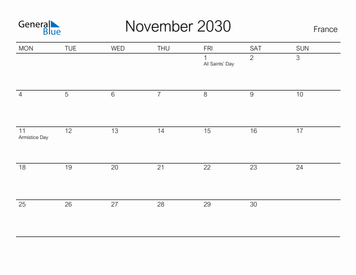 Printable November 2030 Calendar for France