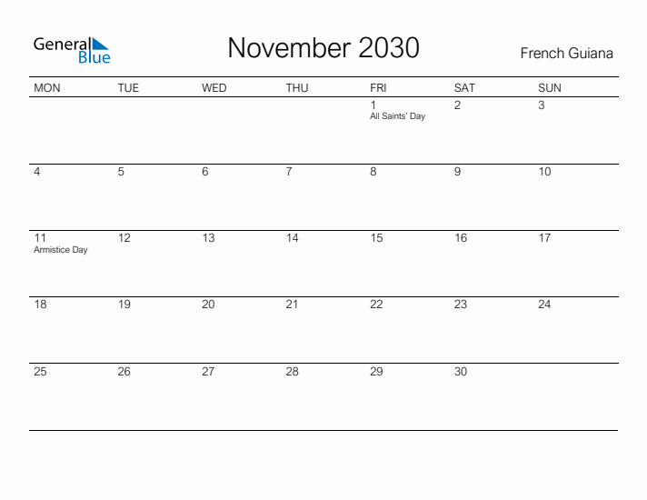 Printable November 2030 Calendar for French Guiana