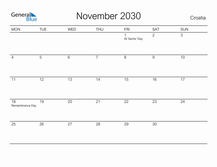 Printable November 2030 Calendar for Croatia