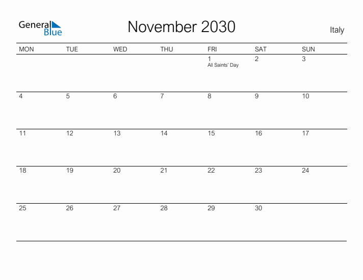 Printable November 2030 Calendar for Italy