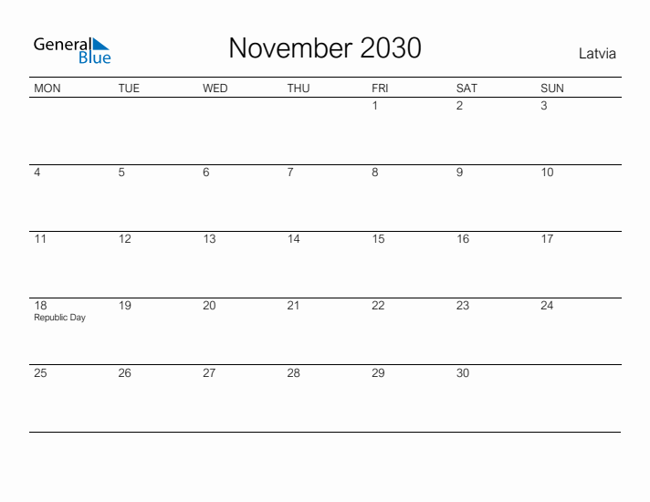 Printable November 2030 Calendar for Latvia