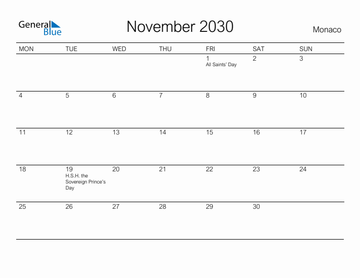 Printable November 2030 Calendar for Monaco