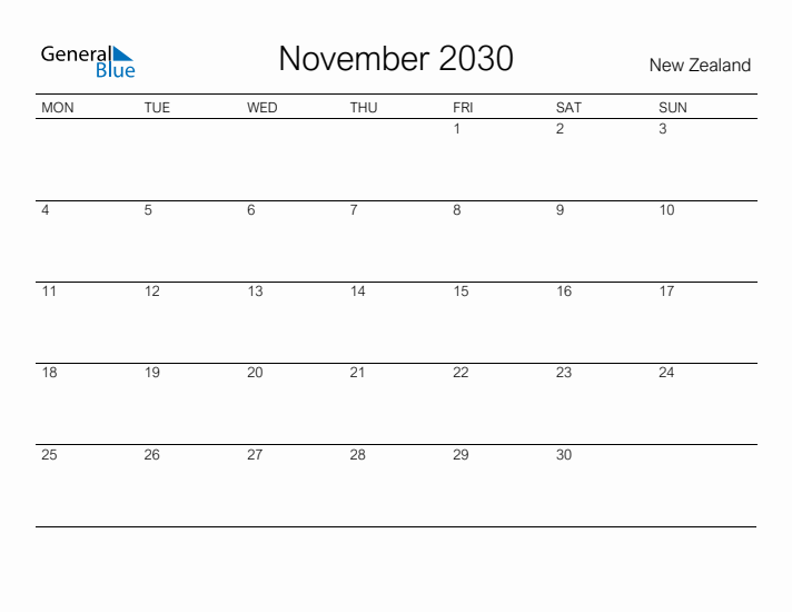 Printable November 2030 Calendar for New Zealand