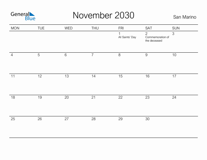 Printable November 2030 Calendar for San Marino