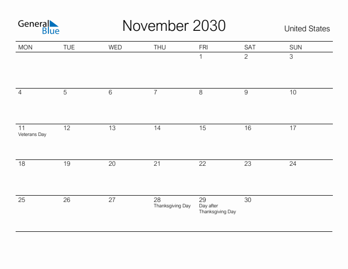 Printable November 2030 Calendar for United States