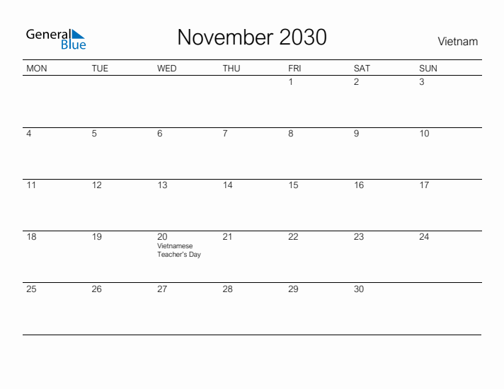 Printable November 2030 Calendar for Vietnam