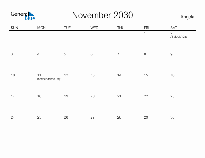 Printable November 2030 Calendar for Angola