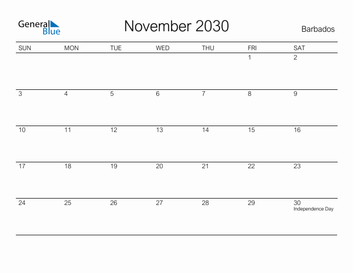 Printable November 2030 Calendar for Barbados