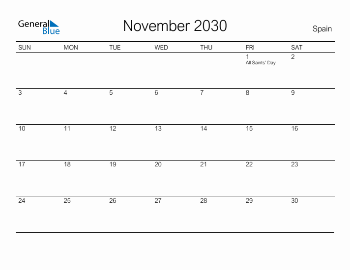 Printable November 2030 Calendar for Spain