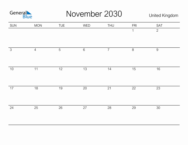 Printable November 2030 Calendar for United Kingdom