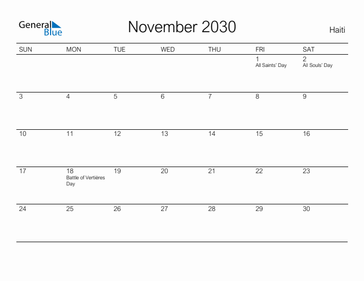 Printable November 2030 Calendar for Haiti