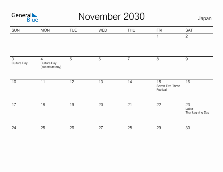 Printable November 2030 Calendar for Japan