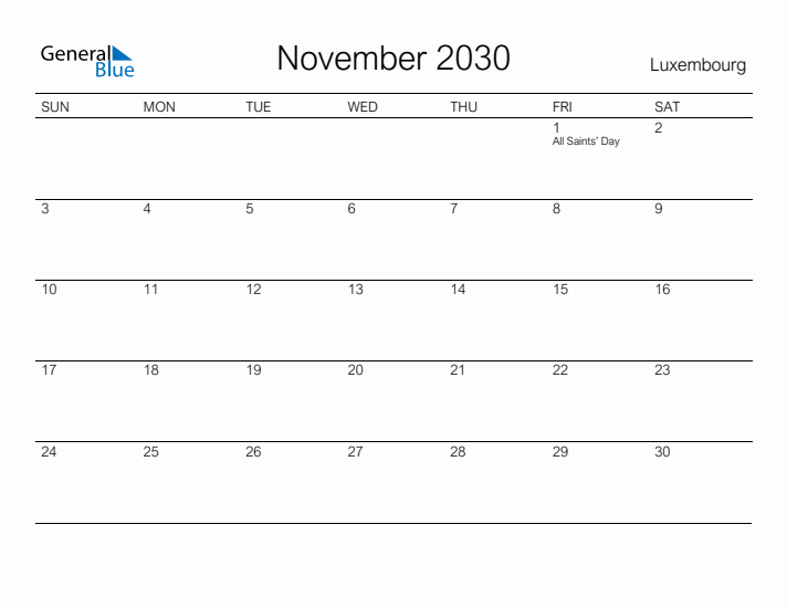 Printable November 2030 Calendar for Luxembourg