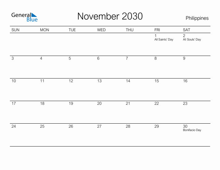 Printable November 2030 Calendar for Philippines