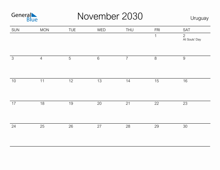 Printable November 2030 Calendar for Uruguay