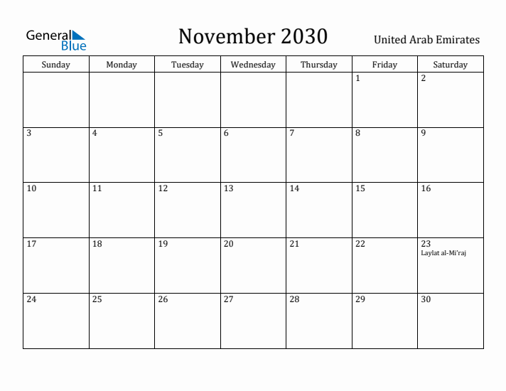 November 2030 Calendar United Arab Emirates