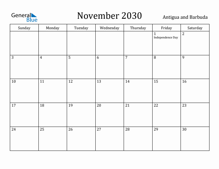 November 2030 Calendar Antigua and Barbuda