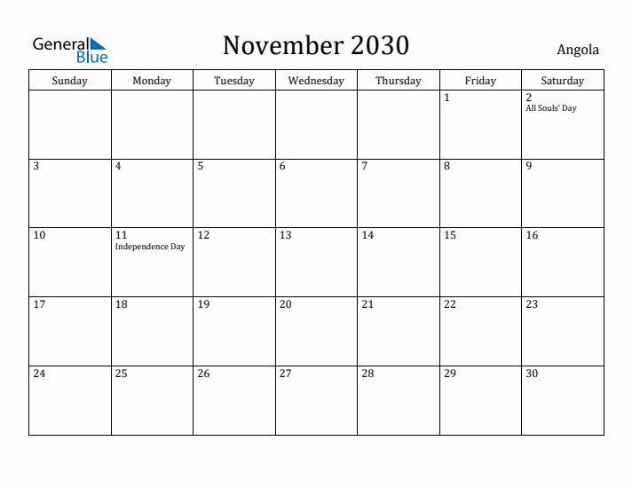 November 2030 Calendar Angola