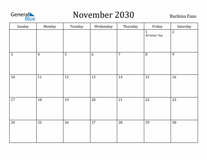 November 2030 Calendar Burkina Faso