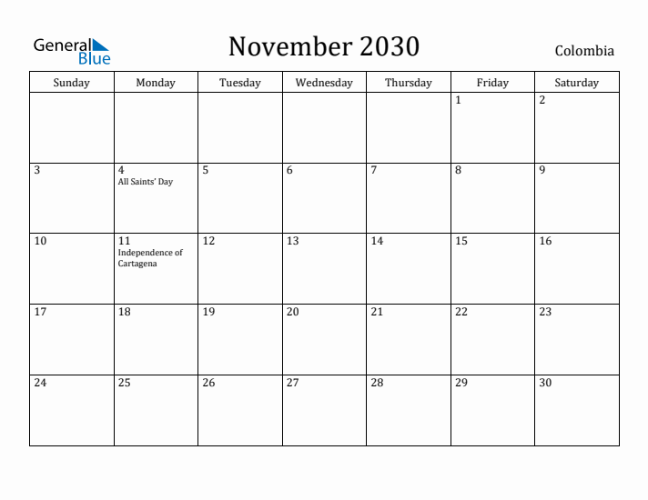 November 2030 Calendar Colombia