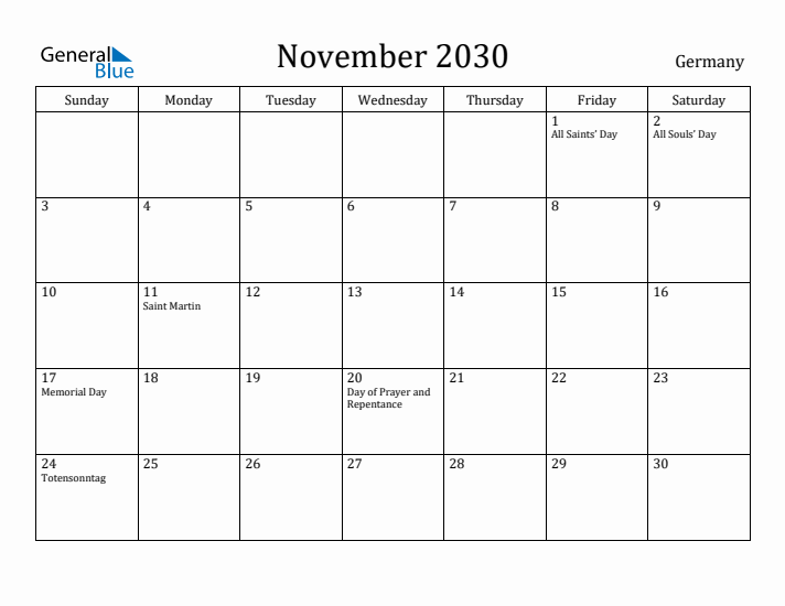 November 2030 Calendar Germany