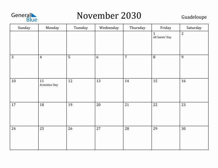 November 2030 Calendar Guadeloupe