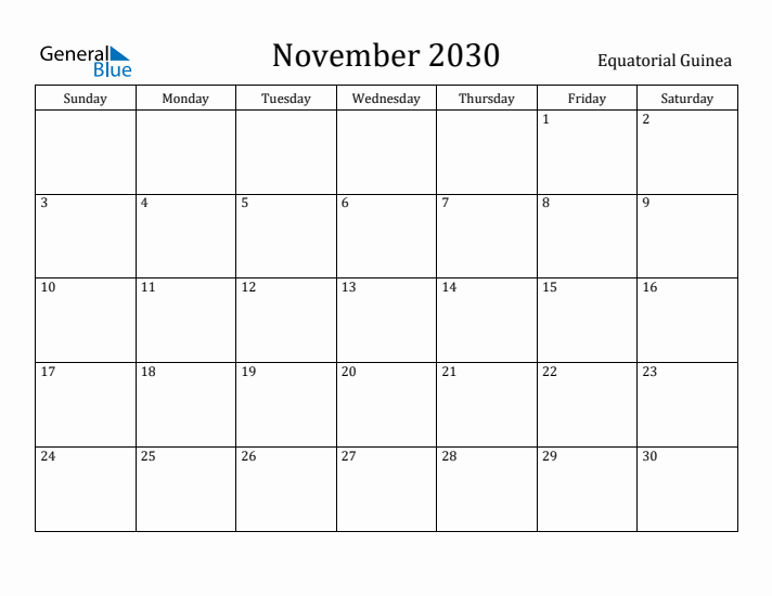 November 2030 Calendar Equatorial Guinea