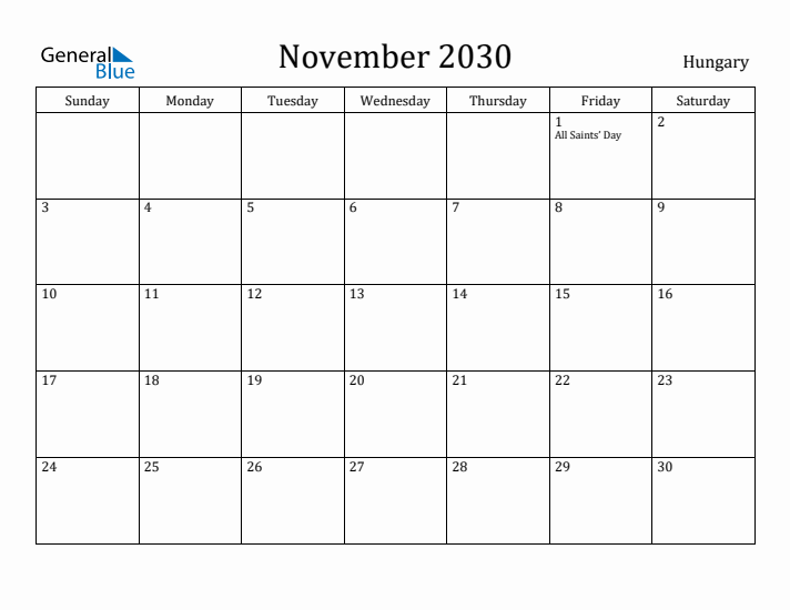 November 2030 Calendar Hungary