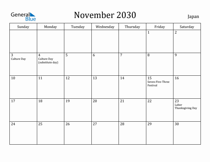 November 2030 Calendar Japan