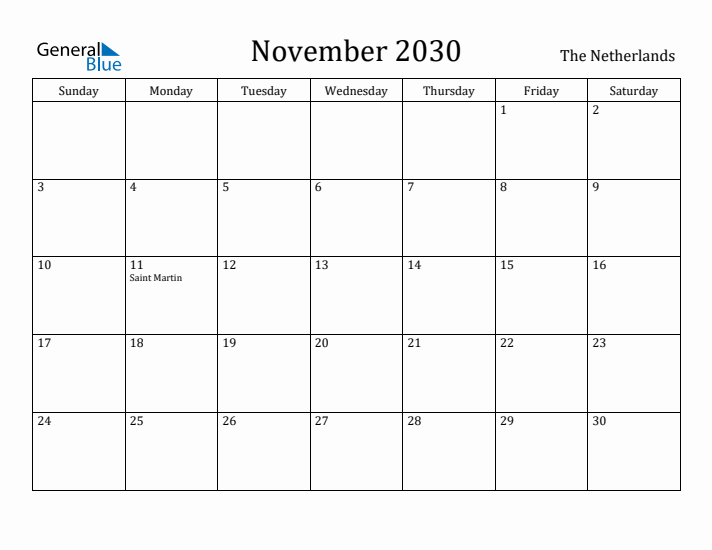 November 2030 Calendar The Netherlands