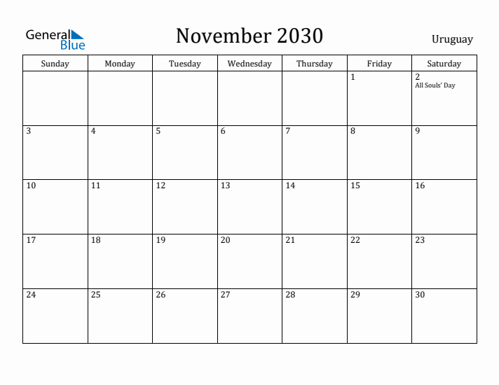 November 2030 Calendar Uruguay