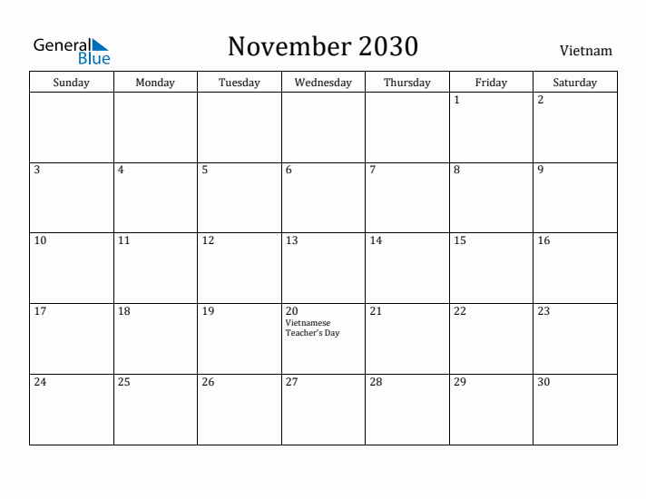 November 2030 Calendar Vietnam