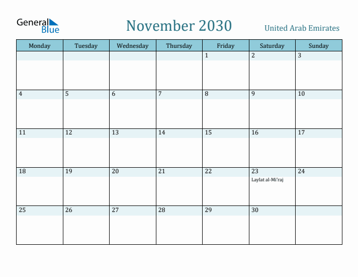 November 2030 Calendar with Holidays