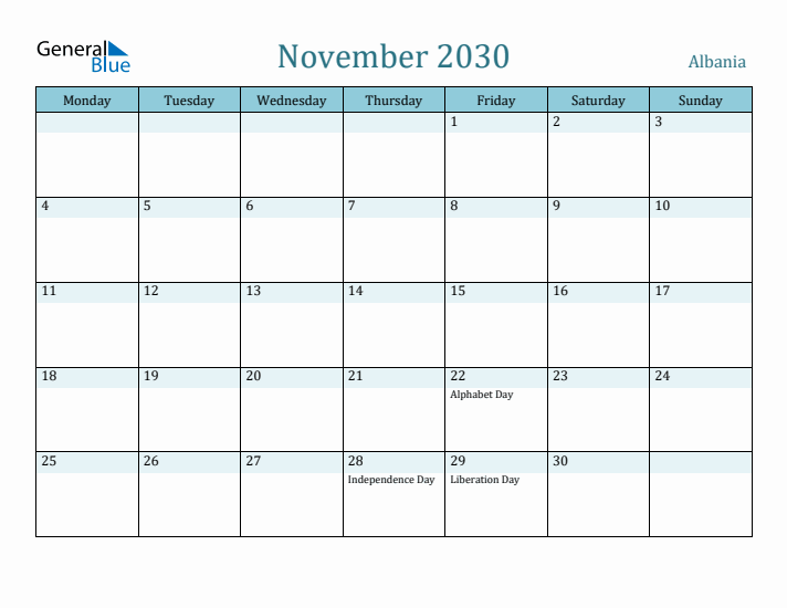 November 2030 Calendar with Holidays